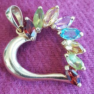 Marquis Cut Natural Multi -Color Heart Pendant 14K Solid Yellow Gold